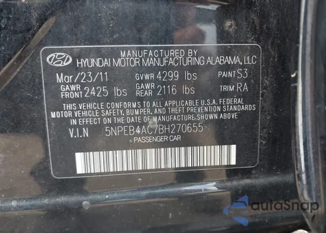 2011 Hyundai Sonata Gls z USA, uszkodzony, nr VIN 5NPEB4AC7BH270655